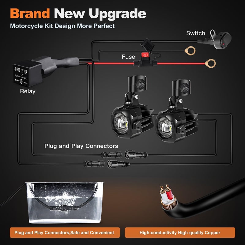 LEDMIRCY Motorcycle Auxiliary Lights, Motorcycle Driving Lights With Switch Wiring Harness Kit Fog Spot Light Waterproof and Shockproof Exploradoras LED Para Moto with Mount Brackets for ATV Snowmobile - Image 5